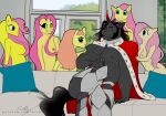  absurd_res ai_generated anthro armor black_hair breasts cape clothing earth_pony equid equine evehly eye_mist female fluttershy_(mlp) friendship_is_magic furniture green_sclera hair hasbro hi_res horn horse king_sombra_(mlp) male mammal my_little_pony pink_hair pony red_eyes scared shaking sitting sofa trembling unicorn 