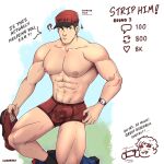  1boy abs artist_name bara brown_hair bulge courier_(pokemon) denim english_text enzobara erection erection_under_clothes green_eyes hat highres jeans large_pectorals looking_to_the_side male_focus male_underwear manly mature_male meme muscular muscular_male navel navel_hair nipples pants pectorals pokemon pokemon_(game) pokemon_sv shirt shirt_removed short_hair simple_background socks solo speech_bubble thick_arms thick_eyebrows thick_thighs thighs underwear watch white_background 