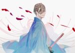  1boy blood blood_on_face blue_jacket brown_hair butterfly39561 falling_petals fate/grand_order fate_(series) floral_background flower from_side glasses grey_kimono hair_over_one_eye hair_pulled_back haori highres jacket japanese_clothes katana kimono looking_at_viewer male_focus petals purple_eyes sheath sheathed shinsengumi short_hair sideways_glance silhouette smile solo spider_lily sword upper_body weapon white_background yamanami_keisuke_(fate) 
