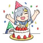  1girl birthday_cake cake closed_eyes commentary_request facing_viewer food fruit grey_hair grey_sailor_collar hair_ornament hair_over_one_eye hairclip hama!_(3toshinhmkz) hamakaze_(kancolle) happy_birthday hat kantai_collection neckerchief no_nose outstretched_arms party_hat sailor_collar school_uniform serafuku short_hair simple_background solo strawberry stuffed_animal stuffed_shark stuffed_toy white_background yellow_neckerchief 