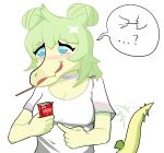  anthro blue_eyes blush choker clothed clothing dinosaur eating female food goodbye_volcano_high green_hair hair hi_res jewelry looking_at_viewer necklace open_mouth ornithischian pocky pocky_game pocky_in_mouth reptile scalie simple_background snoot_game_(fan_game) solo stegosaurian stegosaurus stella_(gvh) thyreophoran unknown_artist video_games white_background yellow_body 