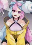  1girl @_@ absurdres blue_hair coat defeat electricity highres iono_(pokemon) long_hair magnemite magnet multicolored_hair pink_eyes pink_hair pokemon pokemon_(game) pokemon_sv sharp_teeth smoke teeth two-tone_hair wakatsuki_you yellow_coat 