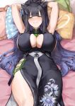  1girl animal_ears armpits arms_up bangs bed bed_sheet black_hair blue_archive blunt_bangs blush breasts cleavage closed_mouth dress frilled_pillow frills green_eyes head_on_pillow heart highres holding large_breasts long_hair looking_at_viewer lying nashidrop on_back on_bed pillow shun_(blue_archive) smile solo 