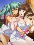  2girls arched_back bachou_mouki bare_arms breast_grab breasts brown_eyes brown_hair cleavage closed_mouth collarbone floating_hair grabbing grabbing_from_behind green_eyes green_hair high_ponytail ikkitousen kneeling large_breasts leaning_forward long_hair looking_at_another multiple_girls naked_towel open_mouth ryofu_housen shiny shiny_hair sitting smile towel wet_towel yuri 