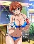  1girl ass_visible_through_thighs bangs bare_arms bikini blue_bikini breasts brown_hair can chinkyuu_koudai cleavage closed_mouth collarbone cowboy_shot day front-tie_bikini_top front-tie_top green_eyes hair_between_eyes halterneck head_tilt holding holding_can ikkitousen large_breasts leaning_forward looking_at_viewer navel outdoors print_bikini shiny shiny_hair shiny_skin short_hair side-tie_bikini_bottom sideboob smile solo standing swimsuit thigh_gap 