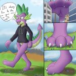  1:1 anthro barefoot black_clothing black_hoodie black_topwear claws clothing destruction dragon fangs feet foot_focus foxkai friendship_is_magic green_eyes hasbro hi_res hoodie macro male my_little_pony open_mouth purple_body purple_skin solo spike_(mlp) topwear 