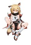  1girl absurdres animal_ear_fluff animal_ears arknights bandage_on_knee black_cape black_gloves black_shorts blonde_hair blush breasts bright_pupils cape fox_ears fox_girl fox_tail full_body gloves hair_between_eyes hair_ornament hairclip highres hood hood_down hooded_cape infection_monitor_(arknights) jewelry looking_at_viewer necklace orange_eyes oripathy_lesion_(arknights) prosthesis prosthetic_arm shirt shoes short_hair shorts simple_background small_breasts solo spread_legs strapless suye tail thigh_strap tooth_necklace tube_top two-sided_cape two-sided_fabric vermeil_(arknights) white_background white_footwear white_pupils white_shirt 