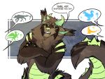  anthro artist_name belly_scales black_sclera chest_tuft crossed_arms english_text fangs front_view fur green_body green_eyes green_horn green_inner_ear_fluff green_nose green_scales green_stripes grey_body grey_fur half-length_portrait horn inner_ear_fluff kardinaluz looking_at_viewer male nude portrait pupils scales shadowwolfhunter shoulder_stripes simple_background slit_pupils solo standing stripes text tuft 