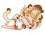  1girl animal_ears chibi closed_eyes full_body kemono_friends lion_(kemono_friends) lion_ears lion_girl lion_tail mota necktie open_mouth plaid plaid_necktie plaid_skirt short_hair simple_background skirt solo tail thighhighs white_background yawning 