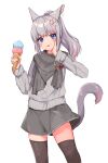  1girl :3 :p absurdres animal_ears avatar_(ff14) black_thighhighs blue_eyes cat_ears cat_girl cat_tail facial_mark final_fantasy final_fantasy_xiv flower food grey_hair grey_scarf grey_skirt grey_sweater hair_flower hair_ornament hand_on_own_cheek hand_on_own_face highres ice_cream ice_cream_cone long_sleeves looking_at_viewer medium_hair miniskirt miqo&#039;te multicolored_hair pink_hair ponytail scarf simple_background skirt streaked_hair sweater tail tenko_(tenkokon) thighhighs tongue tongue_out two-tone_hair whisker_markings white_background zettai_ryouiki 