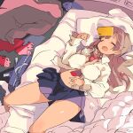  1girl bed breasts cellphone character_request feet_out_of_frame fish highres long_hair mota open_mouth phone scarf skirt solo 