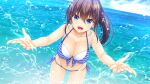  1girl :d asami_asami bangs bare_arms bikini blue_bikini blue_eyes breasts brown_hair cleavage collarbone day fang floating_hair front-tie_bikini_top front-tie_top game_cg hair_between_eyes large_breasts leaning_forward long_hair looking_at_viewer natural_vacation navel ocean open_mouth outdoors ponytail sarashina_yuzuki shiny shiny_hair side-tie_bikini_bottom smile solo sparkle splashing striped striped_bikini summer swimsuit very_long_hair wading 