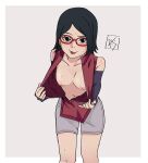  1girl absurdres aldwelter bangs black_eyes black_hair black_sleeves blush border boruto:_naruto_next_generations breasts collarbone detached_sleeves glasses grey_background grey_shorts highres jacket leaning_forward long_sleeves looking_at_viewer medium_hair naruto_(series) nipples open_clothes open_jacket parted_bangs red-framed_eyewear red_jacket short_shorts shorts sketch small_breasts smile solo standing straight_hair sweatdrop tongue tongue_out uchiha_sarada white_border 