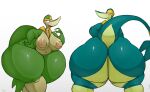  anthro belly big_breasts big_butt biped breasts butt duo female generation_5_pokemon half-closed_eyes hi_res huge_butt huge_hips hyper hyper_butt leaf_tail looking_at_viewer looking_back looking_back_at_viewer multicolored_body narrowed_eyes navel nintendo nipples non-mammal_breasts nude open_mouth pokemon pokemon_(species) reptile scalie schplingnops simple_background slightly_chubby slightly_chubby_female smile snivy thick_thighs video_games white_background wide_hips 