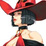  1girl black_choker black_hair bob_cut breasts choker english_text guilty_gear hat i-no looking_down looking_to_the_side makeup mole mole_above_mouth mole_under_eye o-ring o-ring_top one_eye_closed profile red_headwear red_lips rejean_dubois simple_background upper_body white_background witch witch_hat 