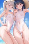  2girls armpits bangs bare_legs bare_shoulders barefoot beach black_hair black_ribbon blue_sky blush breasts cloud cloudy_sky covered_navel day food-themed_hair_ornament grey_hair grin hair_ornament hair_ribbon half-closed_eyes hand_on_headwear hat highres holding_hands horizon ichigo-chan_(mignon) kneeling kouhai-chan_(mignon) licking_lips long_hair looking_at_viewer medium_hair mignon multiple_girls ocean one-piece_swimsuit open_mouth original outdoors pink_eyes purple_eyes ribbon sand sky small_breasts smile strapless strapless_swimsuit straw_hat strawberry_hair_ornament sun_hat swimsuit teeth tongue tongue_out twintails v water wet wet_clothes white_one-piece_swimsuit 