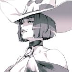  1girl black_hair bob_cut breasts choker english_text greyscale guilty_gear hat i-no lips looking_down looking_to_the_side makeup mole mole_above_mouth mole_under_eye monochrome o-ring o-ring_top one_eye_closed profile rejean_dubois simple_background upper_body white_background witch witch_hat 