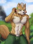  2021 3:4 5_fingers abs absurd_res anthro athletic athletic_anthro athletic_male belt black_nose bottomwear canid canine chest_tuft chibikoma clothed clothing digital_media_(artwork) fingers fox fox_mccloud fur hair headgear headphones headset hi_res holding_headset humanoid_hands male mammal multicolored_body multicolored_fur nature navel nintendo orange_body orange_fur outside pants pecs smoke solo star_fox topless topless_anthro topless_male tuft two_tone_body two_tone_fur video_games white_body white_fur white_hair 