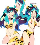  1girl animal_print aqua_hair bangs bare_shoulders bikini blue_eyes blush boots bra breasts cleavage clenched_teeth cowboy_shot feet_out_of_frame full_body highres horns long_hair looking_at_another looking_at_viewer looking_to_the_side lum medium_breasts midriff multicolored_hair navel one_eye_closed oni oni_horns open_mouth panties pointy_ears print_footwear simple_background smile solo strapless strapless_bikini swimsuit teeth thick_eyelashes tiger_print twitter_username two-tone_hair underwear urusei_yatsura watermark white_background yellow_eyes yen0028 