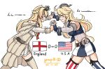  2022_fifa_world_cup american_flag american_flag_print asymmetrical_legwear blonde_hair braid breasts closed_eyes commentary corset crown dress english_flag fingerless_gloves flag_print flower french_braid front-tie_top garter_straps gloves headgear interlocked_fingers iowa_(kancolle) kantai_collection large_breasts long_hair long_sleeves mini_crown miniskirt mismatched_legwear off-shoulder_dress off_shoulder red_flower red_ribbon red_rose ribbon rose skirt striped striped_thighhighs suda_(yuunagi_enikki) thighhighs vertical-striped_thighhighs vertical_stripes warspite_(kancolle) white_background white_dress world_cup 