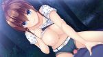  1boy 1girl asami_asami bag belt belt_buckle blue_eyes bra bra_lift breasts brown_hair buckle censored closed_mouth clothes_lift collarbone forest game_cg girl_on_top grey_shorts hair_between_eyes head_tilt hetero large_breasts lifted_by_self long_hair looking_at_viewer mosaic_censoring natural_vacation nature navel night nipples outdoors penis ponytail print_shirt sarashina_yuzuki shiny shiny_hair shirt shirt_lift short_shorts shorts smile solo_focus star_(symbol) star_print underwear white_belt white_bra white_shirt 