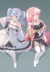  2girls absurdres atelier_(series) atelier_ryza atelier_ryza_2 azur_lane cosplay costume_switch dress highres jiantai looking_at_viewer multiple_girls oozora_naomi patricia_abelheim patricia_abelheim_(cosplay) perseus_(azur_lane) perseus_(azur_lane)_(cosplay) pink_eyes pink_hair simple_background voice_actor_connection white_dress 