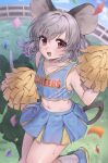  1girl absurdres animal_ears armpits azen_(mntimcczgrtn) blue_shirt blue_skirt cheerleader commission confetti english_text grass grey_hair highres mouse_ears mouse_tail navel nazrin shirt skeb_commission skirt smile solo stadium sweat tail thighs touhou 