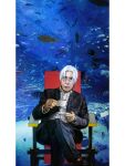  1boy black_suit chair crossed_legs cup formal highres hirasawa_susumu holding holding_cup jewelry long_sleeves looking_at_viewer male_focus maya_ishii old old_man pillarboxed real_life ring sitting solo spoon suit tropical_fish white_hair 
