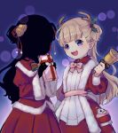  2girls antlers bangs bell black_hair black_skin blonde_hair blue_eyes blunt_bangs bow box christmas colored_skin dress emilico_(shadows_house) fur_trim gift gift_box hair_ornament holding jingle_bell kate_(shadows_house) long_hair long_sleeves looking_at_viewer multiple_girls open_mouth pan-chan_(shadows_house) pink_bow pocket red_dress reindeer_antlers santa_costume shadow_(shadows_house) shadows_house smile stuffed_animal stuffed_bird stuffed_toy two_side_up upper_body wide_sleeves yomo_(yomooo1313) 