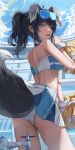  1girl 2gong_(9ujin_) absurdres ahoge animal_ears ass back bare_arms bare_back bare_shoulders black_hair blue_archive blue_eyes blue_sky blush breasts cheerleader cloud crop_top day dog_ears dog_girl dog_tail embarrassed goggles goggles_on_head hibiki_(blue_archive) hibiki_(cheerleader)_(blue_archive) highres holding holding_pom_poms long_hair looking_at_viewer medium_breasts miniskirt official_alternate_costume open_mouth outdoors panties pleated_skirt pom_pom_(cheerleading) ponytail raised_eyebrows skirt sky solo stadium star_sticker sweat tail tearing_up thighs underwear wet white_panties 