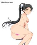  1girl absurdres angel_gabriel. ass black_hair breasts censored completely_nude hazuki_ren heart heart_censor highres long_hair looking_at_viewer love_live! love_live!_superstar!! lying medium_breasts nipples nude on_side open_mouth ponytail pussy simple_background solo twitter_username white_background yellow_eyes 