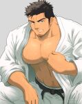  1boy abs artist_name bara belt black_hair dougi facial_hair feet_out_of_frame grey_background hakama hand_on_knees highres japanese_clothes karate_gi kimono large_pectorals looking_at_viewer male_focus manly mature_male muscular muscular_male navel_hair nipples open_clothes open_kimono original pectorals short_hair simple_background sitting smile solo spiked_hair stubble sweat sweatdrop ta_koazuma teeth thick_eyebrows twitter_username yellow_eyes 