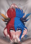  1boy 1girl :&gt;= absurdres ahegao ass bangs bed bed_sheet blue_eyes blue_hair blue_horns blush breasts bright_pupils commission completely_nude dragon_girl dragon_horns eyes_visible_through_hair feet fellatio hair_between_eyes hetero heterochromia highres horns inferna_dragnis kneeling lips long_hair looking_at_another looking_at_viewer male_pubic_hair monster_girl multicolored_hair nose_bubble nude open_mouth oral orange_eyes orange_horns original pale_skin penis pubic_hair red_hair rikka_(artist) rolling_eyes saliva saliva_drip saliva_trail shiny shiny_skin snot soles split-color_hair steam steaming_body sweat symbol-shaped_pupils toes two-tone_hair uncensored white_pupils 
