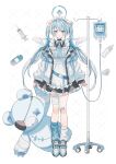  absurdres animal_ears baby_bottle bandages blue_eyes blue_necktie bottle dress highres holding holding_stuffed_toy intravenous_drip jacket kneehighs maid mouse_ears necktie needle open_clothes open_jacket original pacifier socks stuffed_animal stuffed_toy suzaku_(zaku6584) teddy_bear 