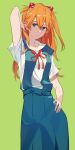  1girl blue_eyes closed_mouth green_background hair_between_eyes highres ibaraki_shun neon_genesis_evangelion orange_hair red_ribbon ribbon school_uniform skirt solo souryuu_asuka_langley suspender_skirt suspenders tokyo-3_middle_school_uniform 