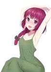  1girl :d @_@ absurdres armpits bare_arms batsuru blush bocchi_the_rock! breasts cleavage dress green_dress hair_over_shoulder highres hiroi_kikuri long_dress looking_at_viewer purple_eyes purple_hair sharp_teeth simple_background sitting small_breasts smile solo spaghetti_strap stretching teeth upper_teeth white_background 