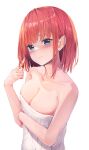  1girl absurdres bangs blue_eyes blush breasts cleavage closed_mouth collarbone go-toubun_no_hanayome highres large_breasts looking_at_viewer nakano_nino naked_towel pink_hair simple_background solo standing towel wet wet_hair white_background yuunamida_uyu 