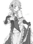  1girl absurdres alternate_costume apron bangs black_gloves breasts clear_glass_(mildmild1311) cleavage clothes_lift dress dress_lift elbow_gloves fire_emblem fire_emblem_heroes fjorm_(fire_emblem) frilled_dress frills gloves head_tilt highres looking_at_viewer maid maid_apron maid_headdress monochrome navel neck_ribbon ribbon small_breasts smile solo thighhighs thighs watermark 