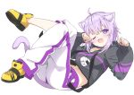  1girl animal_collar animal_ears black_hoodie breasts cat_ears cat_girl cat_tail collar fang full_body hololive hood hooded_sweater hoodie kanzaki_hiro medium_breasts navel nekomata_okayu one_eye_closed open_mouth pants purple_eyes purple_hair shoes sleeves_past_wrists smile sneakers solo sweater sweatpants tail virtual_youtuber 