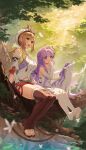  2girls absurdres atelier_(series) atelier_ryza atelier_ryza_1 azur_lane branch bridal_legwear brown_footwear crossover day feet forest full_body highres legs long_hair majiang multiple_girls nature no_shoes reisalin_stout sitting soles stuffed_winged_unicorn thighhighs toeless_footwear toes tree unicorn_(azur_lane) white_thighhighs winged_unicorn 
