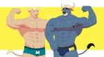  2_horns 5_fingers abs anthro blonde_hair blue_body bottomwear bovid bovine cape_buffalo cattle chief_bogo clothed clothing curled_horn disney duo eyebrows fingers hair horn humanoid_hands male mammal muscular muscular_anthro muscular_male navel nipples r0yr0y shirtless smile tail_tuft tan_body thick_eyebrows topless tuft underwear zootopia 