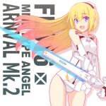  1girl :d arnval_mk2 background_text bangs blonde_hair blue_eyes breasts busou_shinki commentary_request floating_hair gloves gradient_hair hair_between_eyes holding holding_sword holding_weapon leotard long_hair looking_at_viewer medium_breasts multicolored_hair murasame_shia orange_hair simple_background smile solo sword two-handed very_long_hair weapon white_background white_gloves white_leotard 