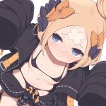  1girl abigail_williams_(fate) abigail_williams_(traveling_outfit)_(fate) bandaid bandaid_on_face bandaid_on_forehead bangs bare_shoulders bikini black_bikini black_bow black_jacket blonde_hair blue_eyes bow breasts collarbone crossed_bandaids fate/grand_order fate_(series) forehead gamuo hair_bow hair_bun high_collar jacket long_hair long_sleeves navel orange_belt orange_bow parted_bangs polka_dot polka_dot_bow sleeves_past_fingers sleeves_past_wrists small_breasts solo swimsuit tentacles thighs 