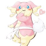  1girl :&gt; absurdres animal_ears animal_feet audino blue_sclera blush blush_stickers body_fur closed_mouth clothed_pokemon colored_sclera commentary dated_commentary english_commentary flat_chest from_side fundoshi furry furry_female hand_to_own_mouth hand_up happy heart highres japanese_clothes leg_up loincloth looking_up motion_lines pink_fur pokemon pokemon_(creature) red_leopard simple_background smile solo standing standing_on_one_leg sweat tail tail_wagging topless two-tone_fur white_background white_eyes yellow_fur 