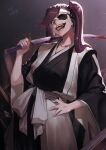  1girl absurdres black_kimono bleach:_the_thousand-year_blood_war blood blood_on_weapon coat commentary eyepatch hand_on_hip haori highres holding holding_sword holding_weapon japanese_clothes katana kimono long_hair over_shoulder peperon_(peperou) purple_eyes saitou_furoufushi sash signature solo sword tongue tongue_out twintails weapon weapon_over_shoulder white_coat wide_sleeves 