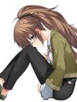  1girl belt black_pants black_ribbon breasts brown_hair eiyuu_densetsu glasses green_eyes green_jacket hair_ribbon hakuleg jacket long_hair long_sleeves looking_at_viewer nipples no_bra no_socks one_breast_out pants ponytail ribbon sen_no_kiseki sen_no_kiseki_iii sen_no_kiseki_iv shirt simple_background small_breasts smile solo towa_herschel white_background white_shirt 