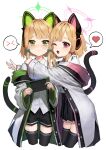  2girls :&lt; absurdres black_shorts black_skirt black_thighhighs blonde_hair blue_archive bow cat_ear_headphones cat_tail closed_mouth collared_shirt commentary fake_tail frown green_bow green_eyes hair_bow halo handheld_game_console headphones heart highres holding holding_handheld_game_console hug jacket kir_(khw66136132) midori_(blue_archive) momoi_(blue_archive) multiple_girls one_eye_closed open_mouth pink_bow pleated_skirt red_eyes shirt short_hair shorts siblings simple_background sisters skirt smile speech_bubble spoken_emoticon spoken_heart tail thighhighs twins white_background white_jacket white_shirt 