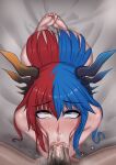  1boy 1girl :&gt;= absurdres ahegao ass bangs bed bed_sheet blue_eyes blue_hair blue_horns blush breasts bright_pupils commission completely_nude dragon_girl dragon_horns excessive_saliva eyes_visible_through_hair feet fellatio hair_between_eyes hair_in_mouth hetero heterochromia highres horns inferna_dragnis kneeling lips long_hair looking_at_another looking_at_viewer male_pubic_hair monster_girl multicolored_hair non-web_source nude open_mouth oral orange_eyes orange_horns original pale_skin penis pubic_hair red_hair rikka_(artist) rolling_eyes saliva saliva_drip saliva_trail shiny shiny_skin soles split-color_hair steam steaming_body sweat symbol-shaped_pupils toes two-tone_hair uncensored white_pupils 