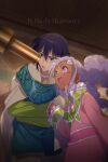  1boy 1girl blue_hair blush_stickers dark-skinned_female dark_skin dress echo_(circa) keele_zeibel long_hair meredy_(tales) open_mouth purple_eyes purple_hair smile tales_of_(series) tales_of_eternia telescope twintails 