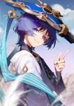  1boy absurdres blue_eyes blue_sky blunt_ends blurry blurry_foreground cloud commentary genshin_impact hand_up hat highres indai_(3330425) jingasa looking_at_viewer looking_back male_focus outdoors pointing pointing_up purple_hair scaramouche_(genshin_impact) shirt short_hair sky smile solo upper_body vision_(genshin_impact) wanderer_(genshin_impact) wheat white_shirt 